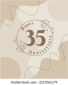35 year anniversary, minimalist logo. brown vector illustration on Minimalist foliage template design, leaves line art ink drawing with abstract vintage background.