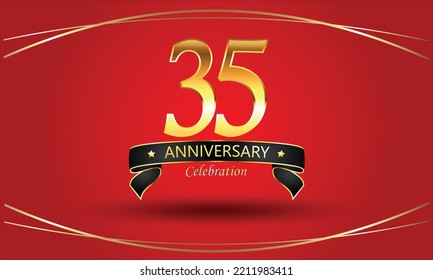 Aniversario de 35 años con antecedentes rojos. Cartel del 35 aniversario de oro. celebración del aniversario rojo. Aniversario dorado con cinta de oro