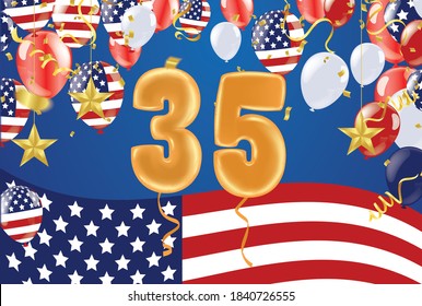 35 years anniversary and birthday with template design on background colorful balloon and colorful tiny confetti pieces for celebration