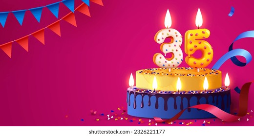 35 years anniversary. Cake with burning candles and confetti. Birthday banner. Vector illustration