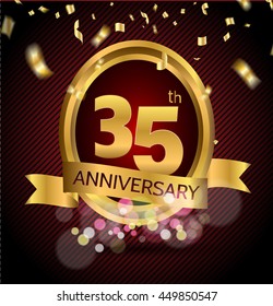 35 years anniversary celebration with Abstract background with many falling gold tiny confetti pieces.