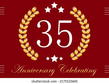 35 years anniversary celebration. Birthday date vector with gold crown on red background.