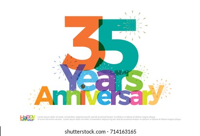 35 years anniversary celebration colorful logo with fireworks on white background. 35th anniversary logotype template design for banner, poster, card vector illustrator