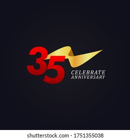 35 Years Anniversary Celebration Elegant Gold Ribbon Vector Template Design Illustration