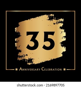 35 years anniversary celebration with gold grunge brush and frame isolated on black background. Creative design for happy birthday, wedding, ceremony, event party, invitation event, and greeting card.