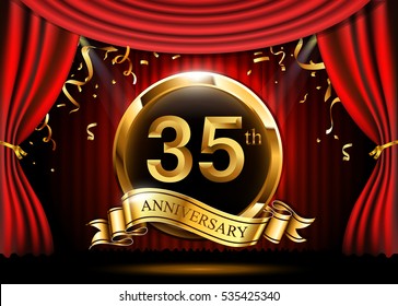 35 years anniversary celebration. with gold ribbon. Curtain background and light shine.