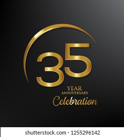 35 years anniversary celebration. Anniversary logo with swoosh and elegance golden color isolated on black background, vector design for celebration, invitation card, and greeting card