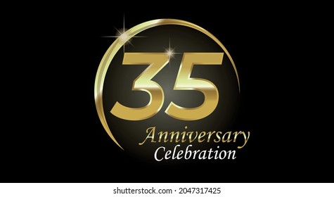 35 years anniversary celebration. Anniversary logo with ring in golden color isolated on black background with golden light, vector design for celebration, invitation card and greeting card