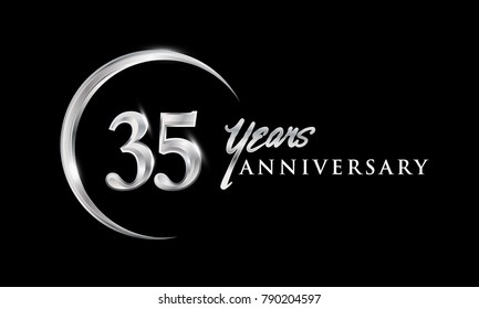 35 years anniversary celebration. Anniversary logo with silver ring elegant design isolated on black background, vector design for celebration, invitation card, and greeting card
