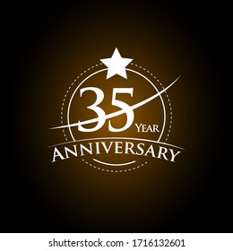 35 Years Anniversary Celebration Logotype. Golden Elegant Vector Illustration with Swoosh or Half Circle, Isolated on Black Background can be use for Celebration, Invitation, and Greeting card