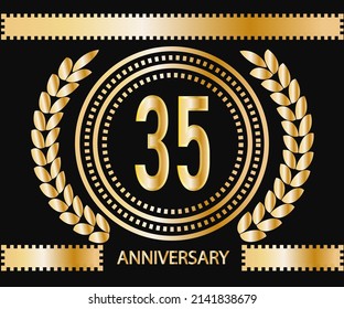 35 years anniversary celebration logotype. Vector and illustration in gold and black background