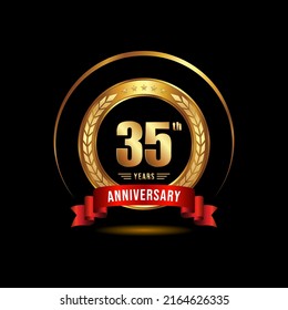 35 years anniversary celebration logotype with golden laurel and wreath, for booklet, leaflet, magazine, brochure poster, banner, web, invitation or greeting card. Vector illustrations.