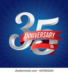 35 years anniversary celebration logotype. 35th silver number with red ribbons on blue background
