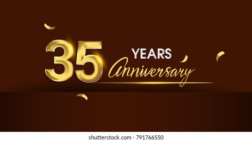 
35 years anniversary celebration logotype. anniversary logo with golden color and gold confetti isolated on dark background, vector design for celebration, invitation card, and greeting card