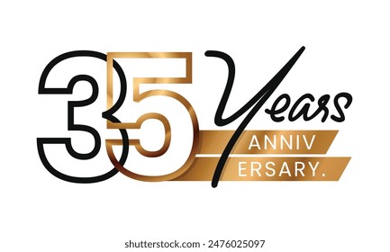 35 Years Anniversary and celebration minimalist line art style. Gold logo abstract Design. Vector Illustration. Number for icon, label, insigna, seal, tag, sign, seal, symbol, badge, stamp, etc.