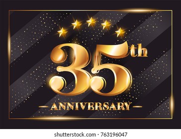 35 Years Anniversary Celebration Vector Logo. 35th Anniversary Gold Icon with Stars and Frame. Luxury Shiny Design for Greeting Card, Invitation, Congratulation Card. Isolated on Black Background. 