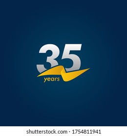 35 Years Anniversary Celebration White Blue and Yellow Ribbon Vector Template Design Illustration