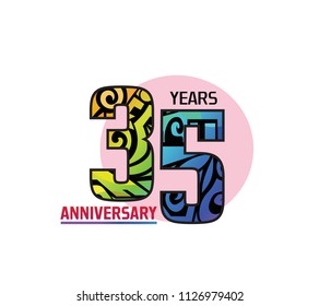 35 years anniversary with colorful tribal and pink circle. Vector illustration isolated on white background