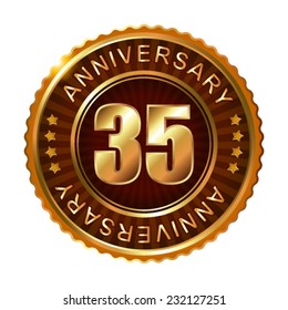 35 years anniversary golden brown label. Vector illustration.