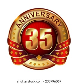 35 years anniversary golden label with ribbon.  Vector illustration. 