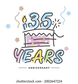 35 Years Anniversary handwritten typography lettering Greeting card with colorful big cake, sparkle firework, number, candle and confetti