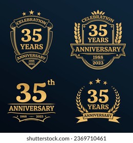 35 years anniversary icon or logo set. Vintage birthday banner design. 35th anniversary jubilee celebration golden badge or label collection. Vector illustration.