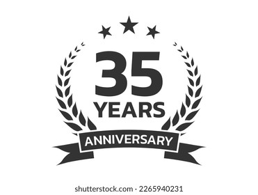 35 years anniversary laurel wreath logo or icon. Jubilee, birthday badge, label or emblem. 35th celebration design element. Vector illustration.