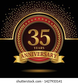 35 years anniversary logo celebration with ring and ribbon, on dark background, vector template.
