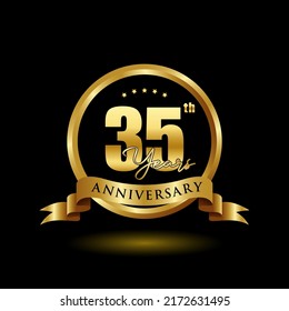 35 years anniversary logo with golden ring and ribbon for booklet, leaflet, magazine, brochure poster, banner, web, invitation or greeting card. Vector illustrations.
