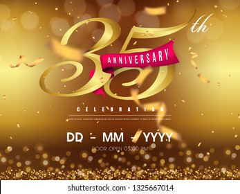 35 years anniversary logo template on gold background. 35th celebrating golden numbers with red ribbon vector and confetti isolated design elements