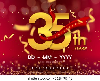 35 years anniversary logo template on gold background. 35th
 celebrating golden numbers with red ribbon vector and confetti isolated design elements