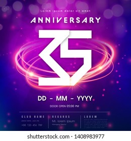 35 years anniversary logo template on purple Abstract futuristic space background. 35th modern technology design celebrating numbers with Hi-tech network digital technology concept design elements.