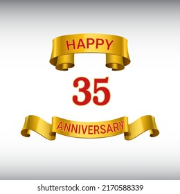 35 years anniversary logo template. Red numbers with golden ribbon.