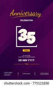 35 Years Anniversary Logotype with 3d white number isolated on dark purple abstract background