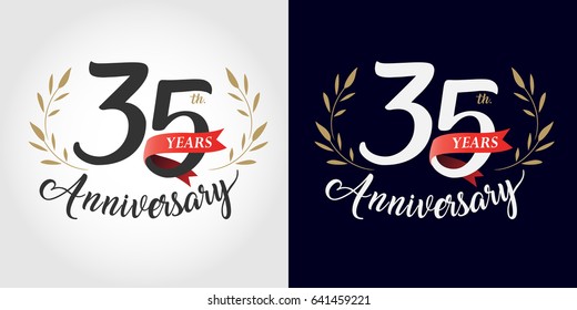 35 years anniversary number hand lettering and golden laurel wreath. Handmade calligraphy, Vintage style