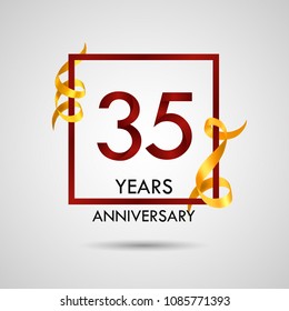 35 years anniversary with red number design inside red square and golden ribbon element, isolated on white background can be used as celebration card