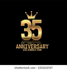 35 years anniversary simple design with golden font and crown with reflection golden number. Elegant, simple, and luxury design. Design with shadow or reflection under number