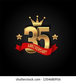 35 years Anniversary simple design with golden font, star and crown and red ribbon. Red ribbon and golden text on top golden number. My all design can see in my portofolio