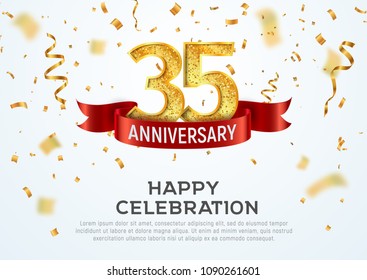 35 years anniversary vector banner template. Thirty five year jubilee with red ribbon and confetti on white background