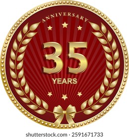 35 years anniversary vector golden design on red  background for celebration, congratulation and greeting card, logo, icon