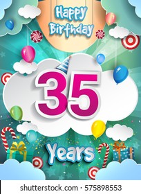 35 Years Birthday Design for greeting cards and poster, with clouds and gift box, balloons. design template for anniversary celebration.