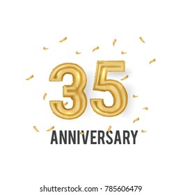 35 Years Golden Aluminum Foil Balloon anniversary logotype with golden confetti isolated on white background