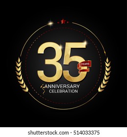 35 years golden anniversary logo with red ribbon, low poly design number, isolated on black background