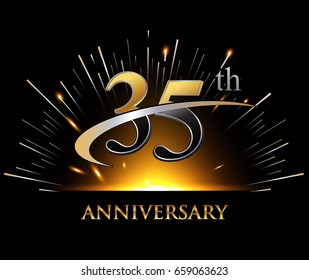 35 years golden anniversary logo celebration with firework and swoosh on dark background