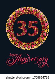 35 years happy anniversary logo card. Mosaic logo 35th in circle and handwritten calligraphy lettering text on black background. Vector design for invitation, greeting card, poster, wedding, event.
