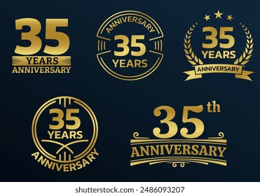 35 years icon or logo set. 35th anniversary celebrating golden sign or stamp. Jubilee, birthday celebration design element. Vector illustration.