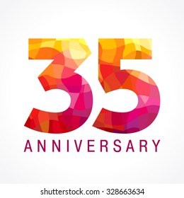 35 years old celebrating fiery logo. Anniversary year of 35 th. Facet congrats, creative numbers. Flaming greetings celebrates with 3D style. Stained-glass template. Mosaic red colored background.