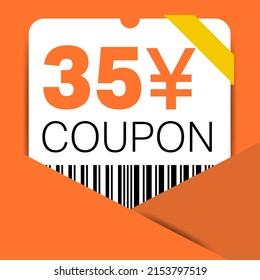 35 Yen Coupon promotion sale for a website, internet ads, social media gift 35 Yuan off discount voucher. Big sale and super sale coupon discount. Price Tag Mega Coupon discount vector illustration.