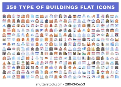 350 flat building icons. diverse styles. colors. white background