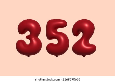Balón 352 3d número hecho de representación 3d de globo metálico realista. Globos 3D de helio rojo para la venta decoración Fiesta Cumpleaños, Celebración de Aniversario, Fiesta de la Boda. Ilustración del vector